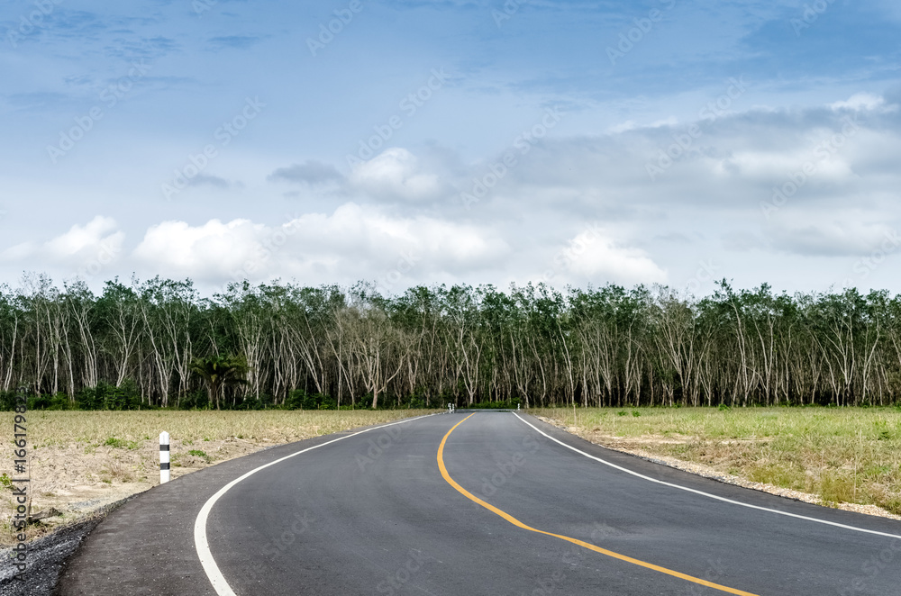 Copy space on blue sky and white with country road abstract background.