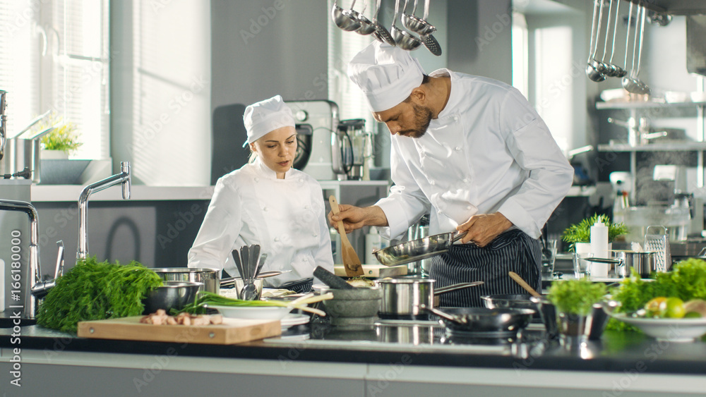 Famous Chef and His Female Apprentice Prepare Special Dish in a Modern Five Star Restaurant's Kitchen.