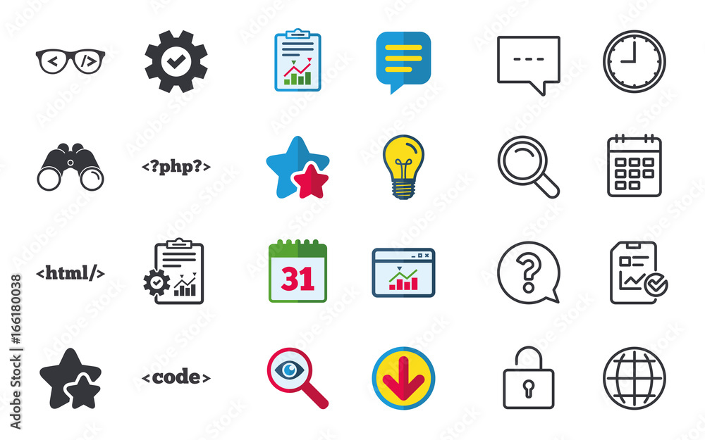 Programmer coder glasses icon. HTML markup language and PHP programming language sign symbols. Chat, Report and Calendar signs. Stars, Statistics and Download icons. Question, Clock and Globe. Vector