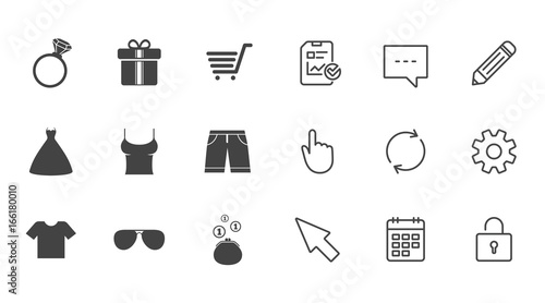 Clothes, accessories icons. T-shirt, sunglasses signs. Wedding dress and ring symbols. Chat, Report and Calendar line signs. Service, Pencil and Locker icons. Click, Rotation and Cursor. Vector