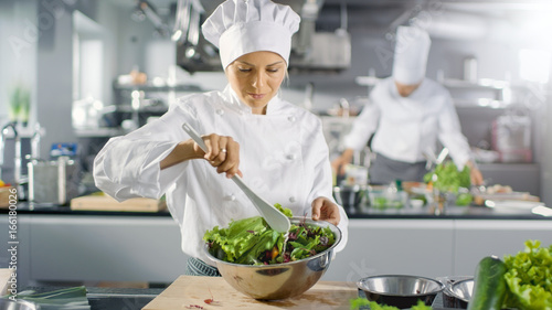 In a Famous Restaurant Female Cook Prepares Salad. She Works in a Big Modern Kitchen.