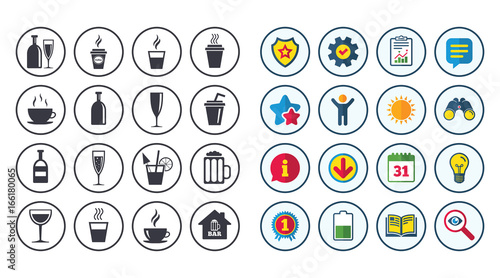 Set of Drinks, Beer and Cocktails icons. Coffee, Tea and Alcohol drinks. Wine bottle, Glass and Bar symbols. Calendar, Report and Book signs. Stars, Service and Download icons. Vector
