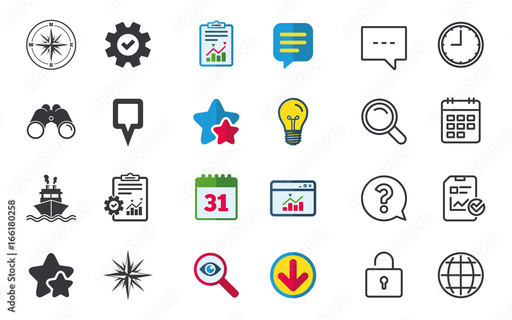 Windrose navigation compass icons. Shipping delivery sign. Location map pointer symbol. Chat, Report and Calendar signs. Stars, Statistics and Download icons. Question, Clock and Globe. Vector Windrose navigation compass icons. Shipping delivery sign. Location map pointer symbol. Chat, Report and Calendar signs. Stars, Statistics and Download icons. Question, Clock and Globe. Vector