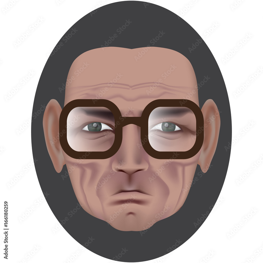 The face of an old man with deep wrinkles and a dimple on a bully. Frowning expression. Wise old man in dark brown glasses. Made by gradient mesh
