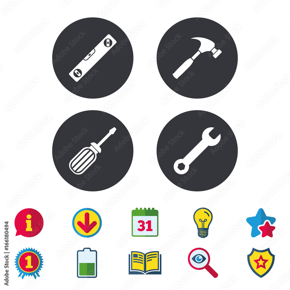Screwdriver and wrench key tool icons. Bubble level and hammer sign symbols. Calendar, Information and Download signs. Stars, Award and Book icons. Light bulb, Shield and Search. Vector Screwdriver and wrench key tool icons. Bubble level and hammer sign symbols. Calendar, Information and Download signs. Stars, Award and Book icons. Light bulb, Shield and Search. Vector