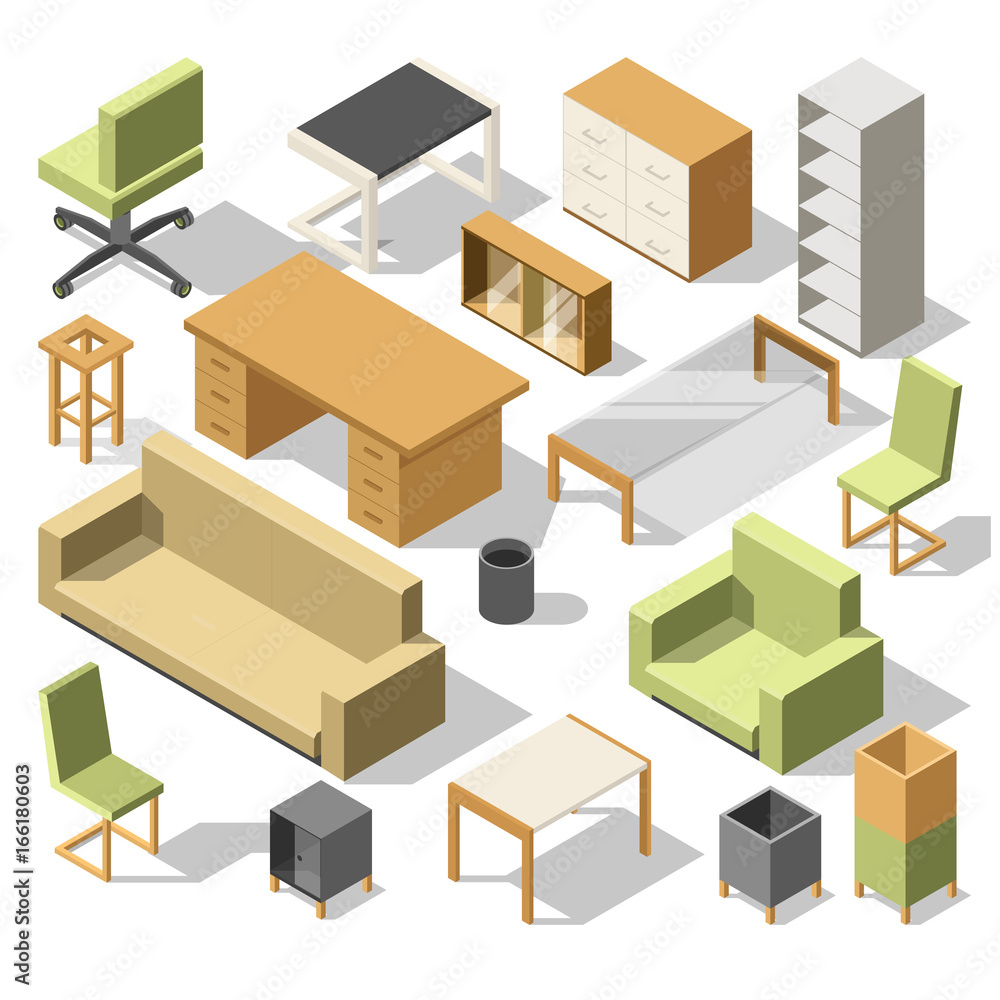 Isometric office furniture. 3d cabinet with table, chairs and armchair, sofa and shelves. Vector illustration set
