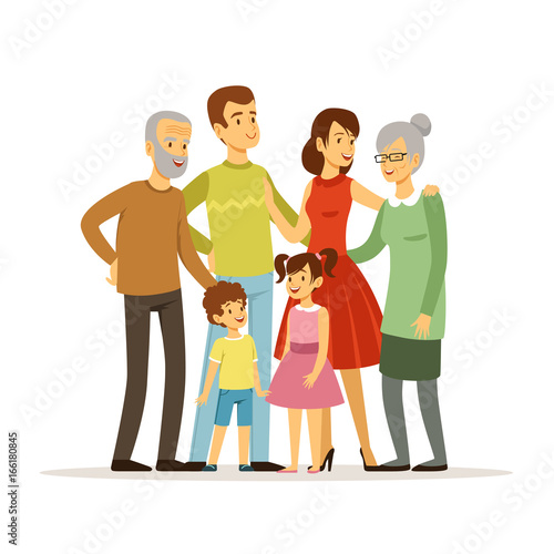 Vector illustration of big family with mother, father, grandmother and grandfather. Smiling peoples standing at action poses