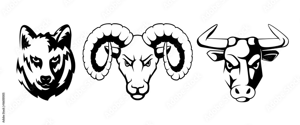 Sport emblems set with different animals. Wolf, ram and bulls. Vector illustrations for labels