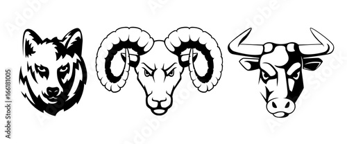 Sport emblems set with different animals. Wolf, ram and bulls. Vector illustrations for labels