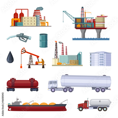 Oil exploration. Petroleum factory with platforms and terminal. Manufacturing pictures isolate on white