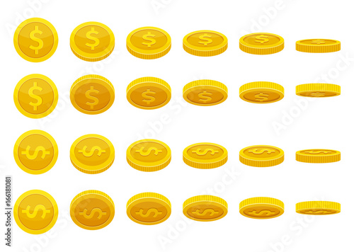 Different positions of golden coins. Vector illustrations in cartoon style