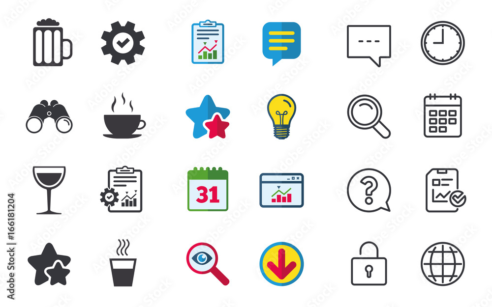 Drinks icons. Coffee cup and glass of beer symbols. Wine glass sign. Chat, Report and Calendar signs. Stars, Statistics and Download icons. Question, Clock and Globe. Vector Drinks icons. Coffee cup and glass of beer symbols. Wine glass sign. Chat, Report and Calendar signs. Stars, Statistics and Download icons. Question, Clock and Globe. Vector