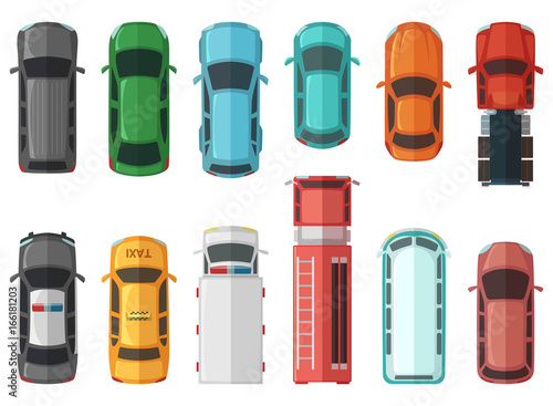 Pictures of transportation top view. Cars isolated on white background. Vector city models