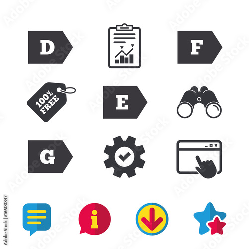 Wallpaper Mural Energy efficiency class icons. Energy consumption sign symbols. Class D, E, F and G. Browser window, Report and Service signs. Binoculars, Information and Download icons. Stars and Chat. Vector Torontodigital.ca