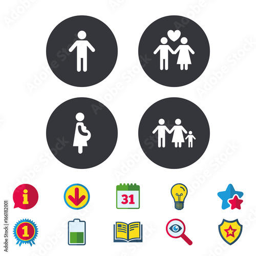 Family lifetime icons. Couple love, pregnancy and birth of a child symbols. Human male person sign. Calendar, Information and Download signs. Stars, Award and Book icons. Light bulb, Shield and Search