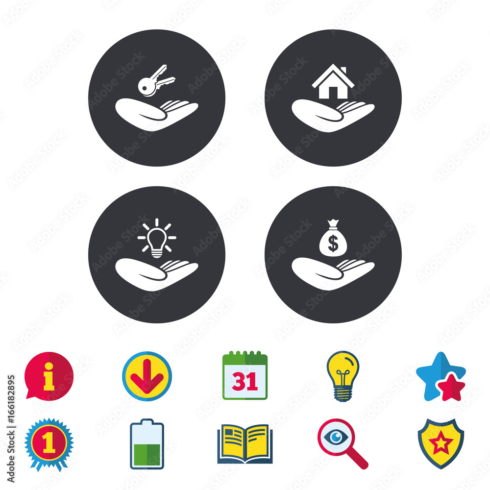 Helping hands icons. Financial money savings insurance symbol. Home house or real estate and lamp, key signs. Calendar, Information and Download signs. Stars, Award and Book icons. Vector