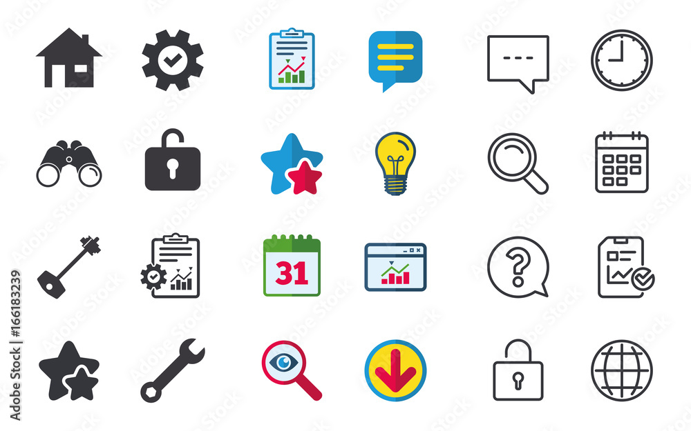 Fototapeta premium Home key icon. Wrench service tool symbol. Locker sign. Main page web navigation. Chat, Report and Calendar signs. Stars, Statistics and Download icons. Question, Clock and Globe. Vector
