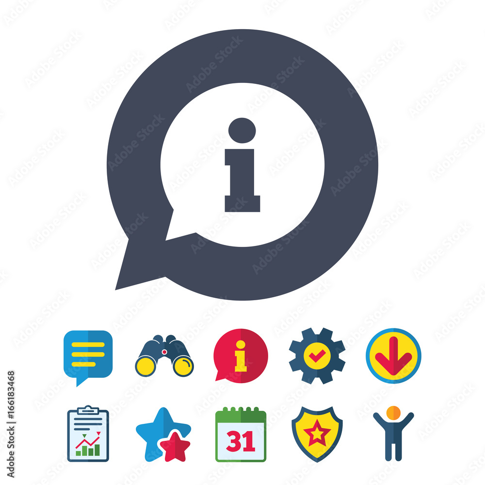 Information sign icon. Info speech bubble symbol. Information, Report and Speech bubble signs. Binoculars, Service and Download, Stars icons. Vector Information sign icon. Info speech bubble symbol. Information, Report and Speech bubble signs. Binoculars, Service and Download, Stars icons. Vector