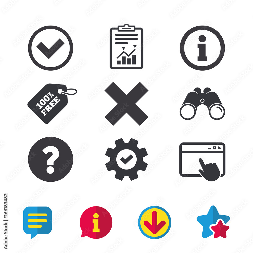 Information icons. Delete and question FAQ mark signs. Approved check mark symbol. Browser window, Report and Service signs. Binoculars, Information and Download icons. Stars and Chat. Vector Information icons. Delete and question FAQ mark signs. Approved check mark symbol. Browser window, Report and Service signs. Binoculars, Information and Download icons. Stars and Chat. Vector