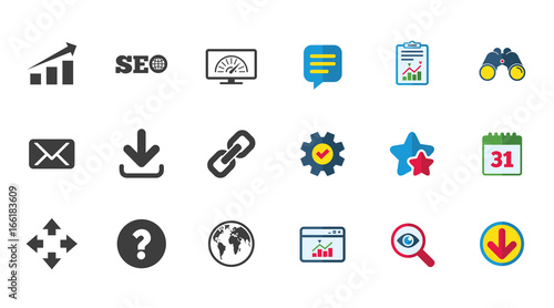 Internet, seo icons. Bandwidth speed, download arrow and mail signs. Hyperlink, monitoring symbols. Calendar, Report and Download signs. Stars, Service and Search icons. Vector