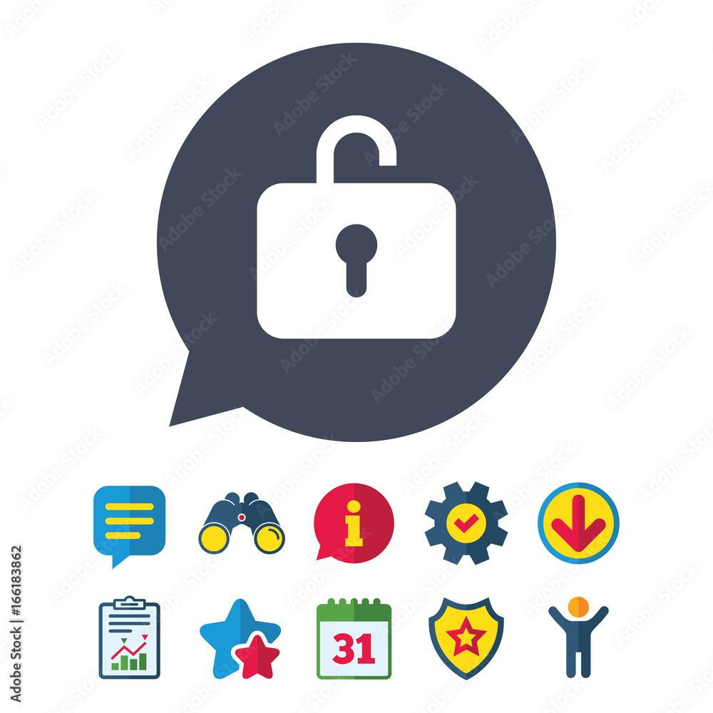 Lock sign icon. Login symbol. Information, Report and Speech bubble signs. Binoculars, Service and Download, Stars icons. Vector Lock sign icon. Login symbol. Information, Report and Speech bubble signs. Binoculars, Service and Download, Stars icons. Vector