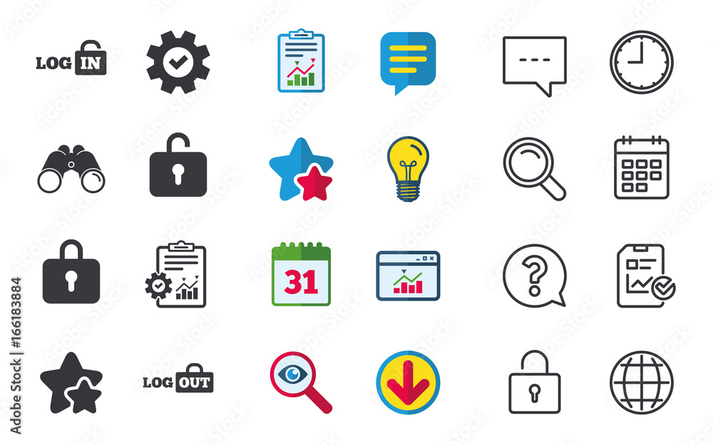 Login and Logout icons. Sign in or Sign out symbols. Lock icon. Chat, Report and Calendar signs. Stars, Statistics and Download icons. Question, Clock and Globe. Vector Login and Logout icons. Sign in or Sign out symbols. Lock icon. Chat, Report and Calendar signs. Stars, Statistics and Download icons. Question, Clock and Globe. Vector