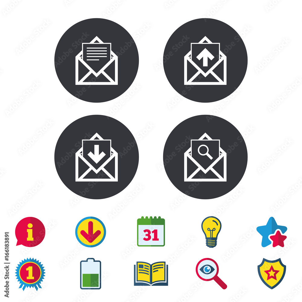 Mail envelope icons. Find message document symbol. Post office letter signs. Inbox and outbox message icons. Calendar, Information and Download signs. Stars, Award and Book icons. Vector Mail envelope icons. Find message document symbol. Post office letter signs. Inbox and outbox message icons. Calendar, Information and Download signs. Stars, Award and Book icons. Vector