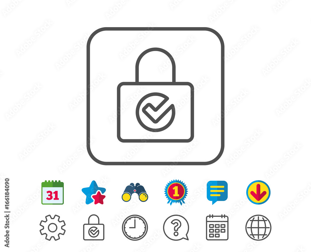 Lock with Check line icon. Private locker sign. Password encryption symbol. Calendar, Globe and Chat line signs. Binoculars, Award and Download icons. Editable stroke. Vector Lock with Check line icon. Private locker sign. Password encryption symbol. Calendar, Globe and Chat line signs. Binoculars, Award and Download icons. Editable stroke. Vector