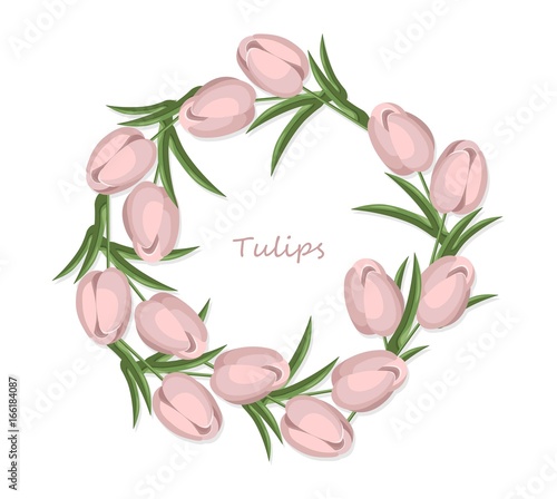 Fototapeta Naklejka Na Ścianę i Meble -  Vintage tulips flowers round wreath card vector background. Wedding invitation, springtime delicate decor