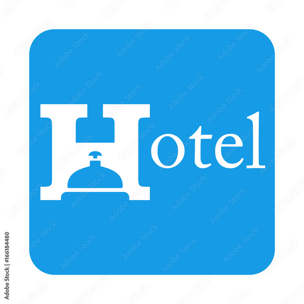 Icono plano Hotel con timbre en cuadrado azul Icono plano Hotel con timbre en cuadrado azul