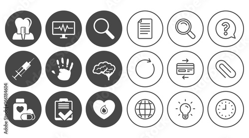 Medicine, medical health and diagnosis icons. Blood, syringe injection and neurology signs. Tooth implant, magnifier symbols. Document, Globe and Clock line signs. Lamp, Magnifier and Paper clip icons