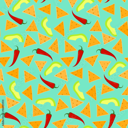 Bright seamless pattern with nachos avocado and chili pepper on blue background. Nice mexican fastfood texture for textile wallpaper background cover banner bar and cafe menu design