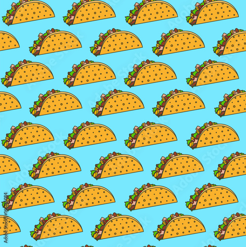 Bright mexican fastfood seamless pattern with tacos on blue background. Nice spanish fast food texture for textile wallpaper background cover banner bar and cafe menu design