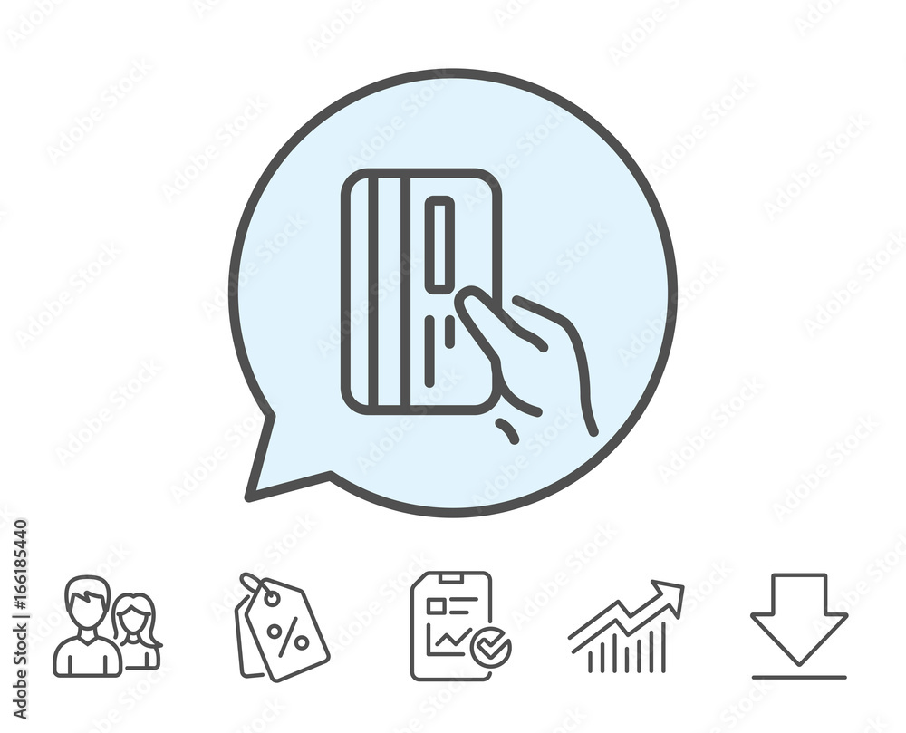 Credit card line icon. Hold Banking Payment card sign. ATM service symbol. Report, Sale Coupons and Chart line signs. Download, Group icons. Editable stroke. Vector Credit card line icon. Hold Banking Payment card sign. ATM service symbol. Report, Sale Coupons and Chart line signs. Download, Group icons. Editable stroke. Vector