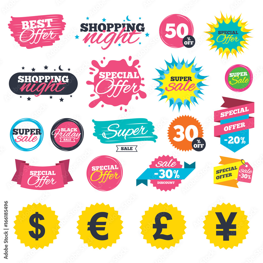 Fototapeta premium Sale shopping banners. Dollar, Euro, Pound and Yen currency icons. USD, EUR, GBP and JPY money sign symbols. Web badges, splash and stickers. Best offer. Vector