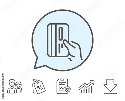 Credit card line icon. Hold Banking Payment card sign. ATM service symbol. Report, Sale Coupons and Chart line signs. Download, Group icons. Editable stroke. Vector