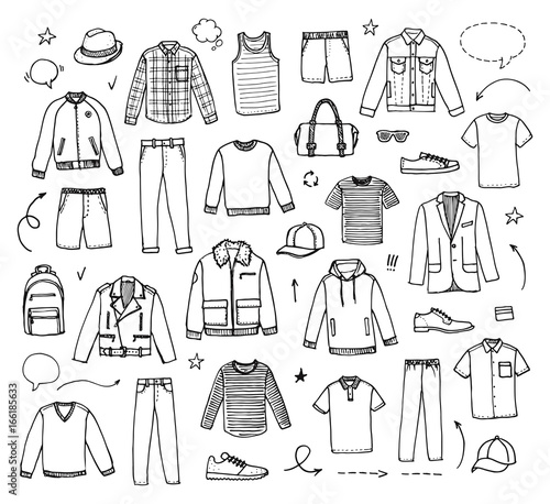 Hand drawn Men's Clothing. Vector illustration on white background. Doodle set