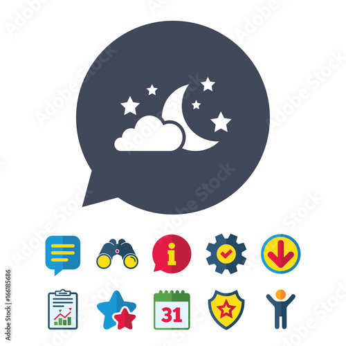 Moon, clouds and stars icon. Sleep dreams symbol. Night or bed time sign. Information, Report and Speech bubble signs. Binoculars, Service and Download, Stars icons. Vector