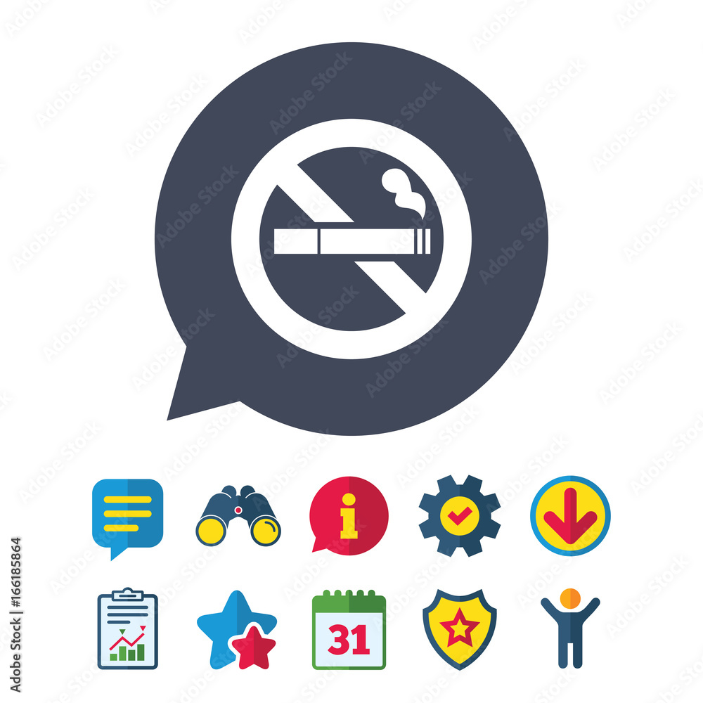 No Smoking sign icon. Cigarette symbol. Information, Report and Speech bubble signs. Binoculars, Service and Download, Stars icons. Vector No Smoking sign icon. Cigarette symbol. Information, Report and Speech bubble signs. Binoculars, Service and Download, Stars icons. Vector