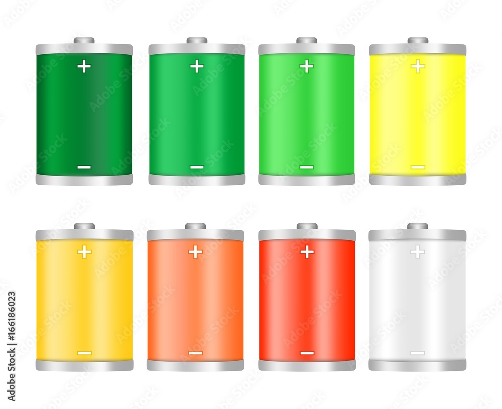 Datum Ib Watt Set of different colorful icons from the battery charge level fully charged  after full discharge, green,yellow,orange,red with a minus and plus  electric pole on a white background Stock-vektor | Adobe Stock