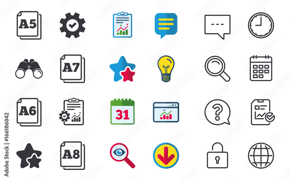 Paper size standard icons. Document symbols. A5, A6, A7 and A8 page signs. Chat, Report and Calendar signs. Stars, Statistics and Download icons. Question, Clock and Globe. Vector Paper size standard icons. Document symbols. A5, A6, A7 and A8 page signs. Chat, Report and Calendar signs. Stars, Statistics and Download icons. Question, Clock and Globe. Vector