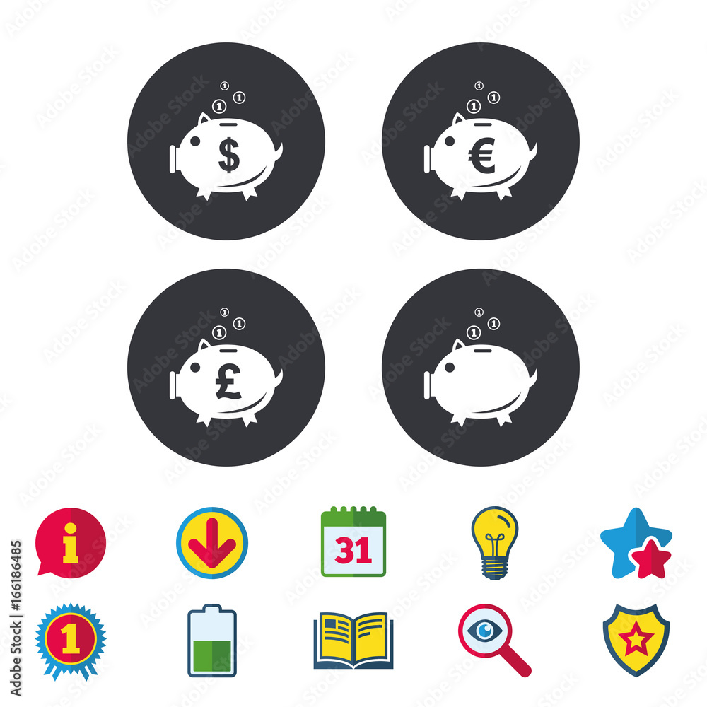 Piggy bank icons. Dollar, Euro and Pound moneybox signs. Cash coin money symbols. Calendar, Information and Download signs. Stars, Award and Book icons. Light bulb, Shield and Search. Vector Piggy bank icons. Dollar, Euro and Pound moneybox signs. Cash coin money symbols. Calendar, Information and Download signs. Stars, Award and Book icons. Light bulb, Shield and Search. Vector
