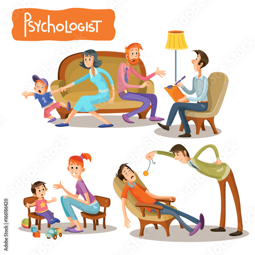 Vector cartoon illustrations the patient is talking with psychotherapist, consultation of psychologist. Depression businessman, teenage problems, alcohol and drug addiction, ADHD and autism
