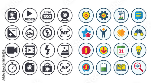 Set of Photo and Video icons. Camera, timer and frame signs. No flash and Auto focus symbols. Calendar, Report and Book signs. Stars, Service and Download icons. Binoculars, Lamp and Shield flag