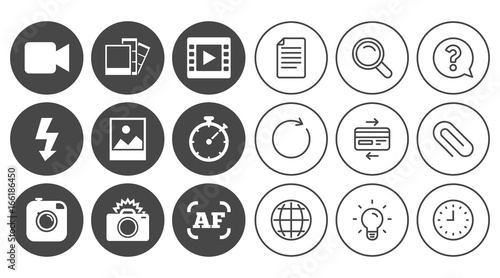 Photo, video icons. Camera, photos and frame signs. Flash, timer and landscape symbols. Document, Globe and Clock line signs. Lamp, Magnifier and Paper clip icons. Question, Credit card and Refresh