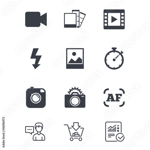 Photo, video icons. Camera, photos and frame signs. Flash, timer and landscape symbols. Customer service, Shopping cart and Report line signs. Online shopping and Statistics. Vector