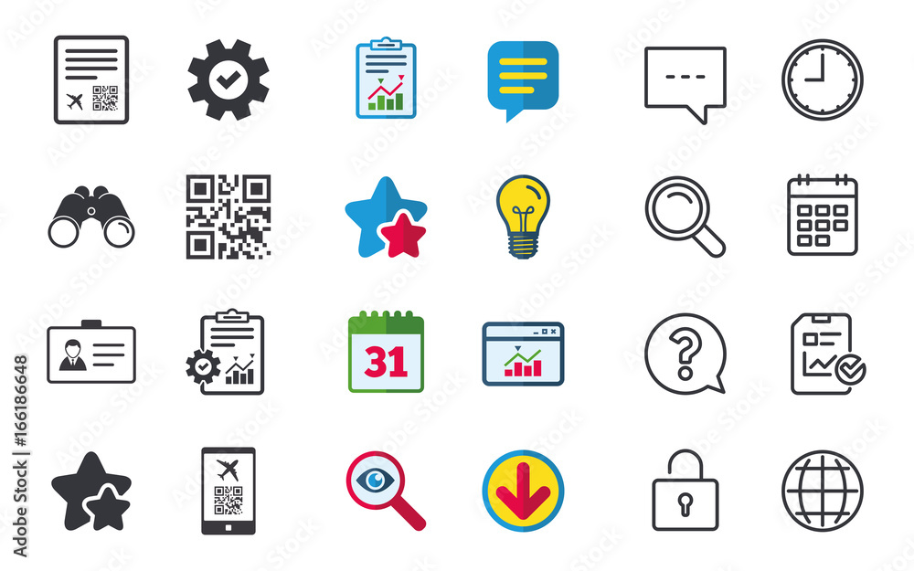 QR scan code in smartphone icon. Boarding pass flight sign. Identity ID card badge symbol. Chat, Report and Calendar signs. Stars, Statistics and Download icons. Question, Clock and Globe. Vector QR scan code in smartphone icon. Boarding pass flight sign. Identity ID card badge symbol. Chat, Report and Calendar signs. Stars, Statistics and Download icons. Question, Clock and Globe. Vector