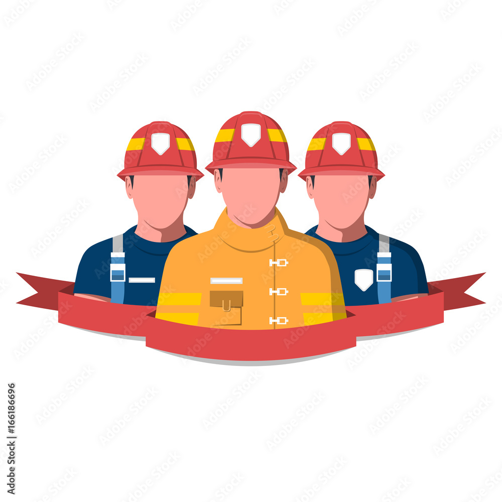 Fototapeta premium Flat vector illustration of a fire brigade. Firemen characters isolated on white background.
