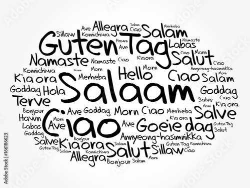 SALAAM (Hello Greeting in Persian,Farsi) word cloud in different languages of the world, background concept