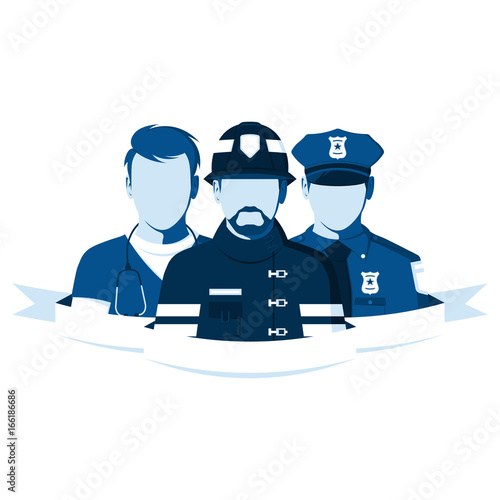 Emblem of rescue team. Silhouettes of people of emergency service. Employees of the ambulance, police and fire department. Firefighter, policeman and paramedic in flat style. Vector illustration.